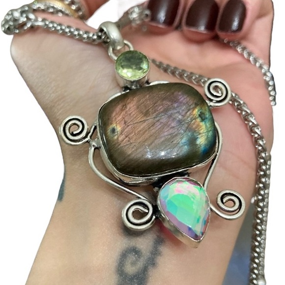 Flash iridescent grey green labradorite yellow citrine iridescent stone necklace - Picture 3 of 16